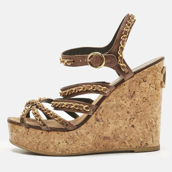 Chanel Brown Leather CC Chain Link Straps Cork Platform Wedges Sandals Size 39.5