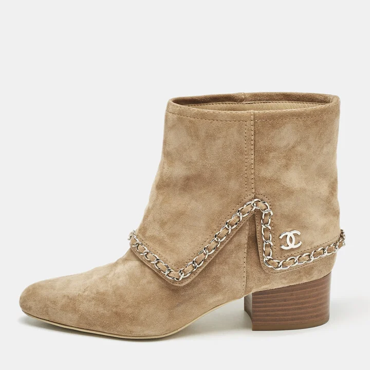 Chanel Brown Suede Chain Embellished Ankle Length Boots Size 38
