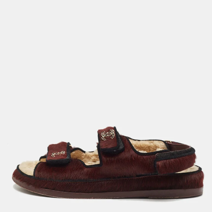 Chanel Burgundy/Black Calfhair CC Dad Flat Sandals Size 38