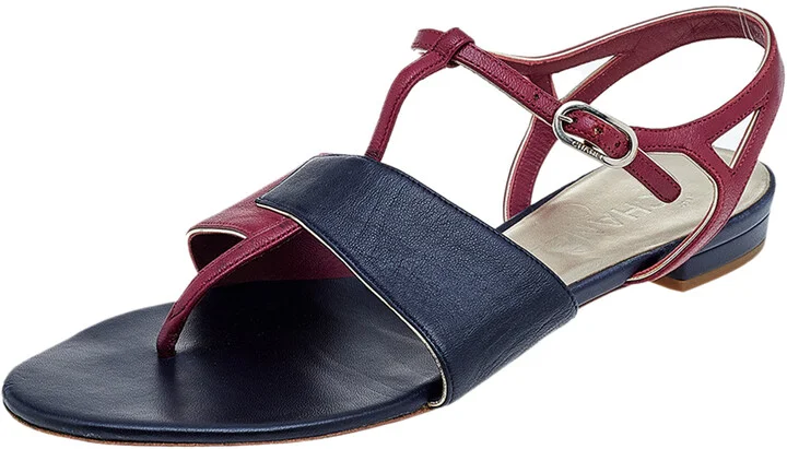 Chanel Burgundy/Black Leather CC T-Strap Sandals Size 39.5