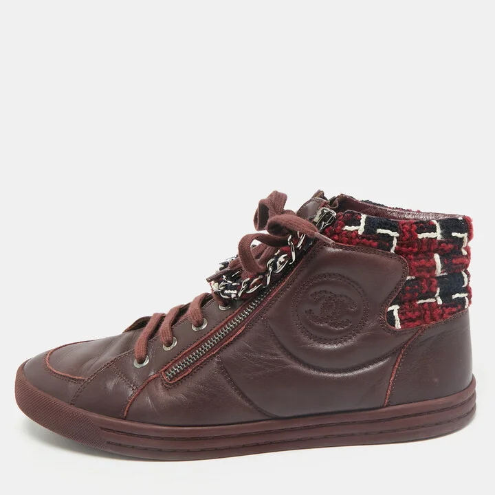 Chanel Burgundy Leather and Twee CC High Top Sneakers Size 41