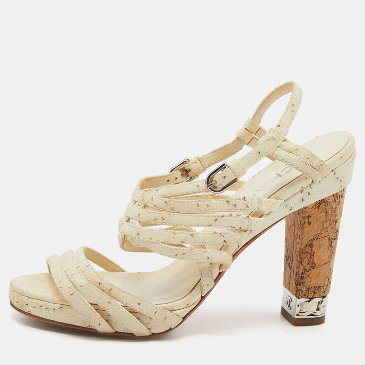 Chanel Cream Leather Chain Embellished Cork Block Heel Strappy Sandals Size 38.5