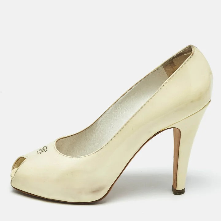 Chanel Cream Patent Leather CC Peep Toe Pumps Size 39.5