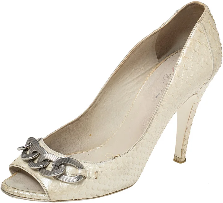 Chanel Cream Python Leather CC Chain Detail Peep Toe Pumps Size 39.5