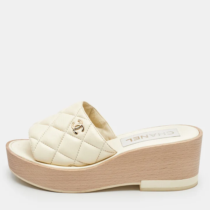 Chanel Cream Quilted Leather CC Platform Sandals Size 37
