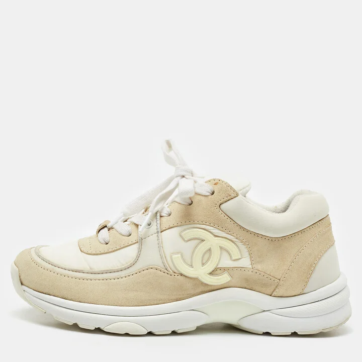Chanel Cream/White Suede and Fabric CC Low Top Sneakers Size 38