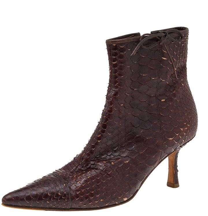Chanel Dark Brown Python Leather Pointed Toe Ankle Length Boots Size 38.5