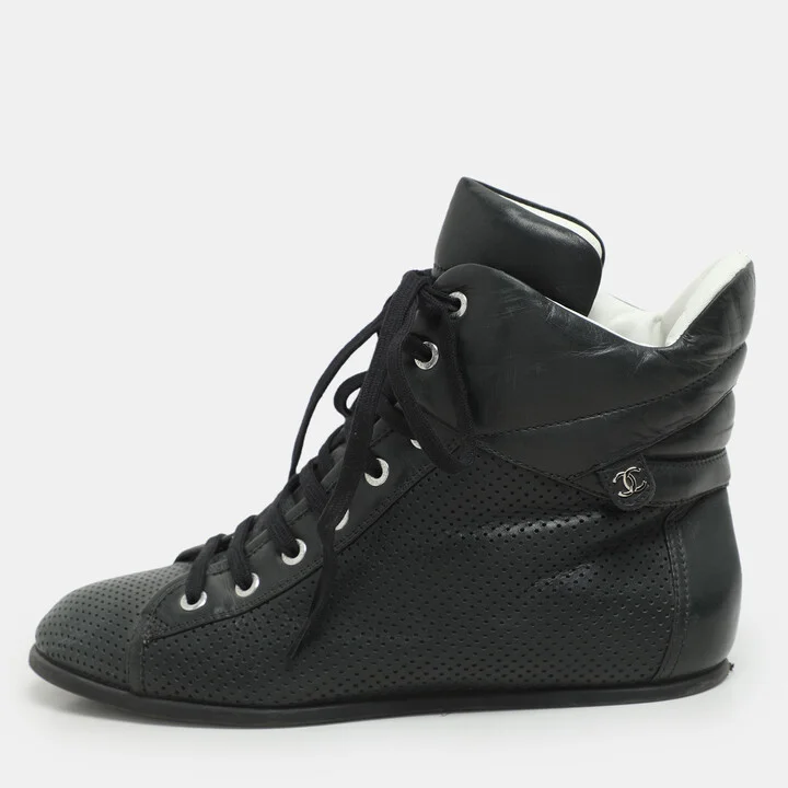 Chanel Dark Green Perforated Leather CC High Top Sneakers Size 38