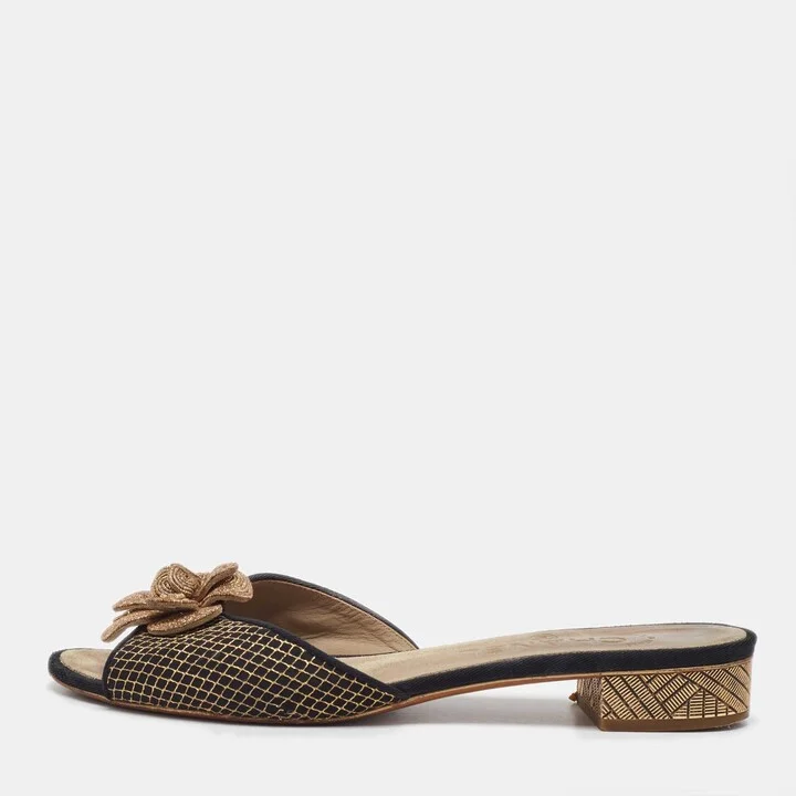 Chanel Gold/Black Fabric and Mesh CC Camelia Embellished Slide Sandals Size 38