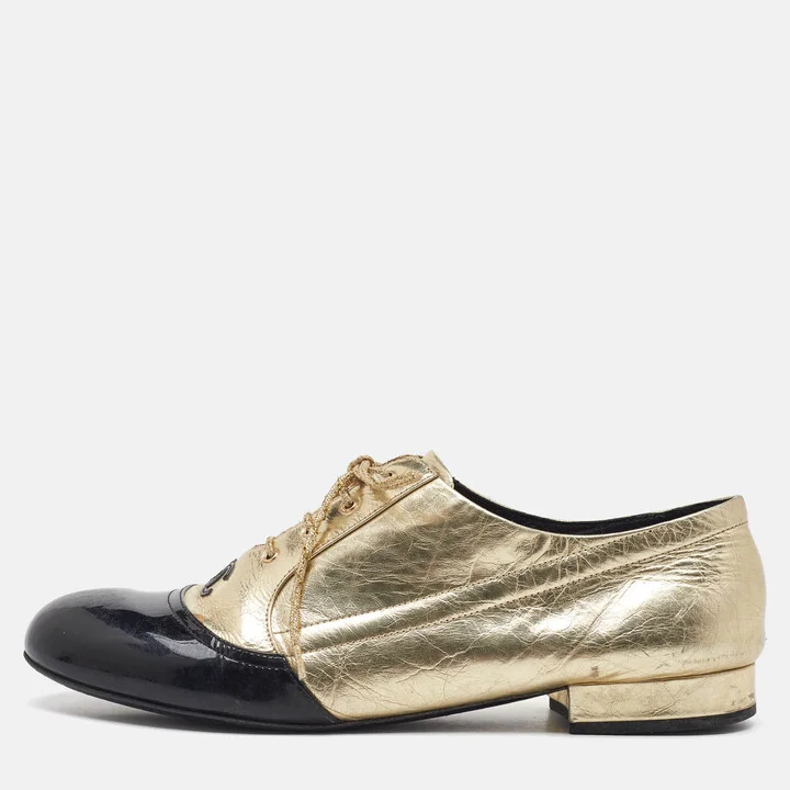 Chanel Gold/Black Leather and Patent Leather CC Lace Up Oxfords Size 38.5