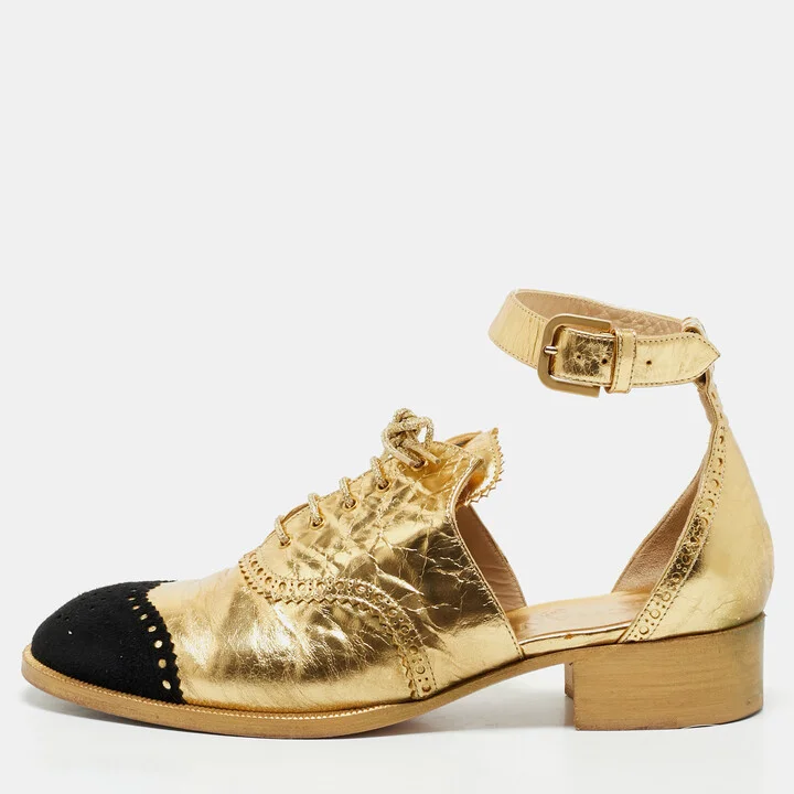 Chanel Gold/Black Leather and Suede CC Ankle Strap Oxford Sandals Size 38.5