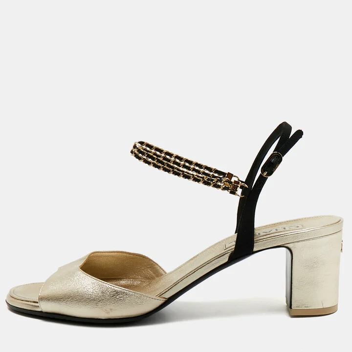 Chanel Gold/Black Leather CC Chain Ankle Strap Sandals Size 42