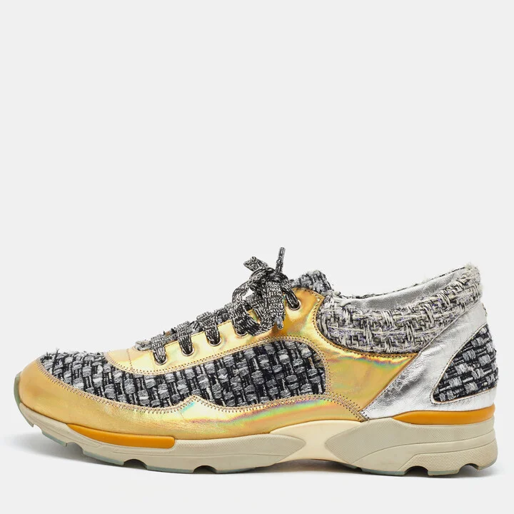 Chanel Gold/Grey Leather and Tweed CC Low Top Sneakers Size 41.5
