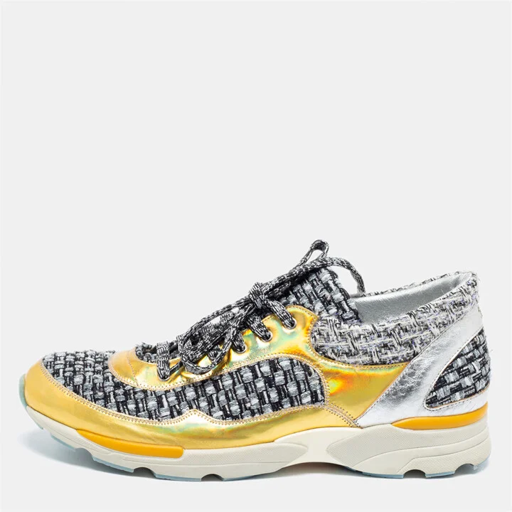 Chanel Gold/Grey Leather And Tweed CC Low-Top Sneakers Size 41