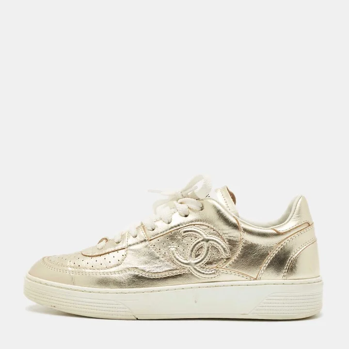 Chanel Gold Leather CC Low Top Sneakers Size 37