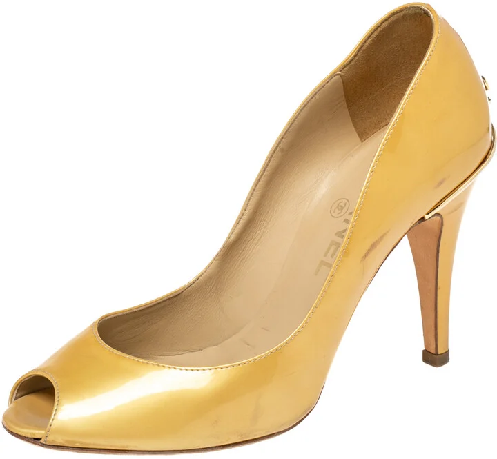 Chanel Gold Patent Leather CC Peep Toe Pumps Size 36.5