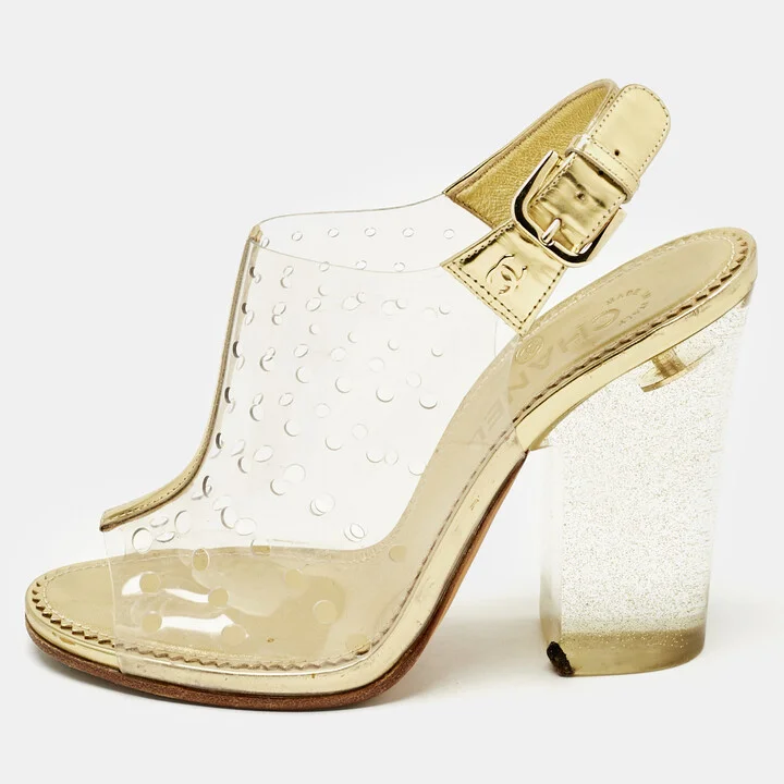 Chanel Gold/Transparent PVC and Leather Block Heel Slingback Sandals Size 37.5