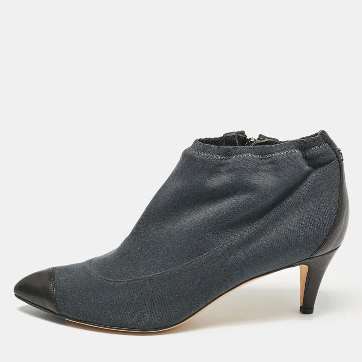 Chanel Grey/Black Fabric and Leather Booties Size 37