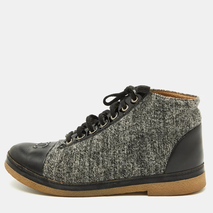 Chanel Grey/Black Tweed and Leather CC Cap Toe High Top Sneakers Size 39.5