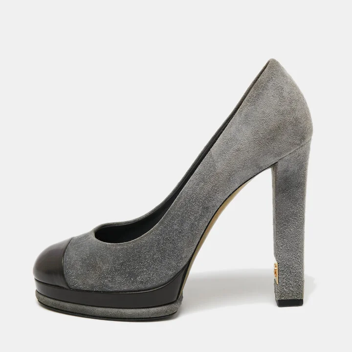 Chanel Grey/Dark Brown Suede and Leather Cap Toe Platform Pumps Size 41