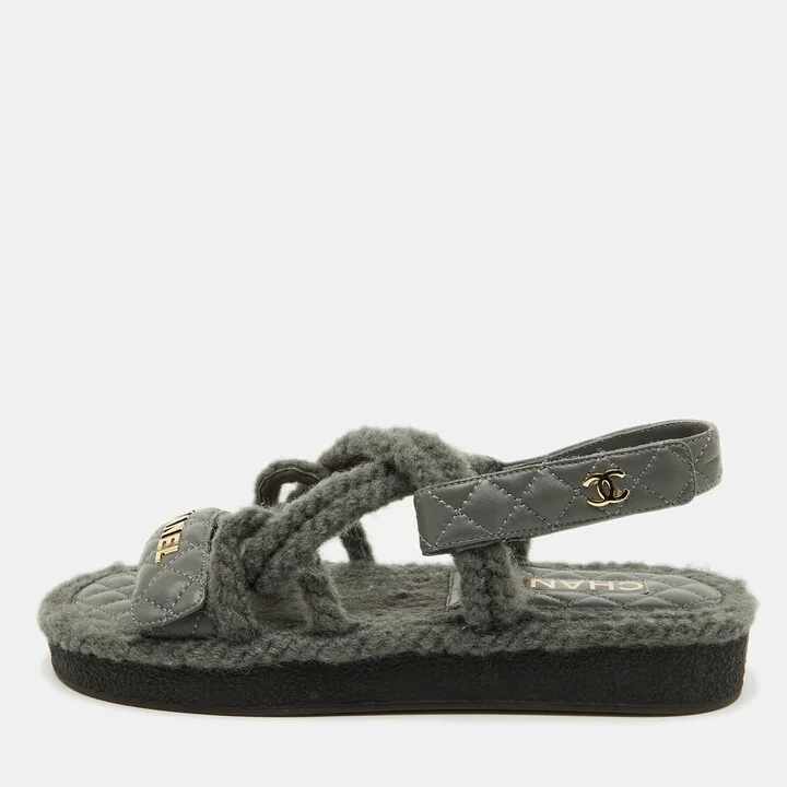 Chanel Grey Leather and Rope Dad Ankle Strap Sandals Size 38