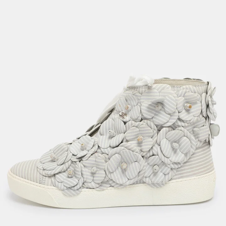 Chanel Grey Leather CC Camellia High Top Sneakers Size 38