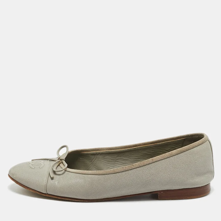 Chanel Grey Leather CC Cap Toe Bow Ballet Flats Size 39
