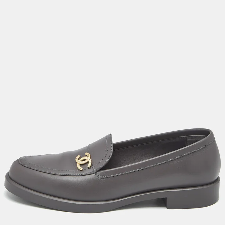 Chanel Grey Leather CC Slip On Loafers Size 40.5