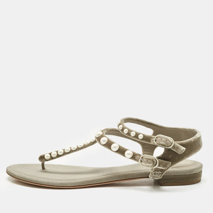 Chanel Grey Velvet Pear Embellished Thong Sandals Size 40