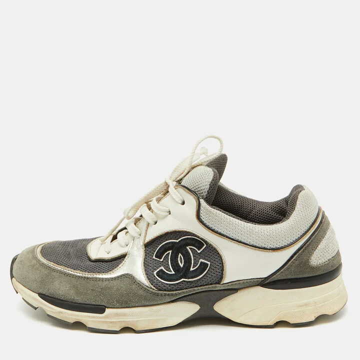 Chanel Grey/White Suede and Mesh CC Low Top Sneakers Size 39.5