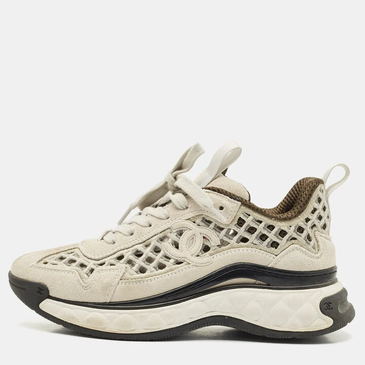 Chanel Grey/White Suede CC Interlocking Logo Low Top Sneakers Size 36