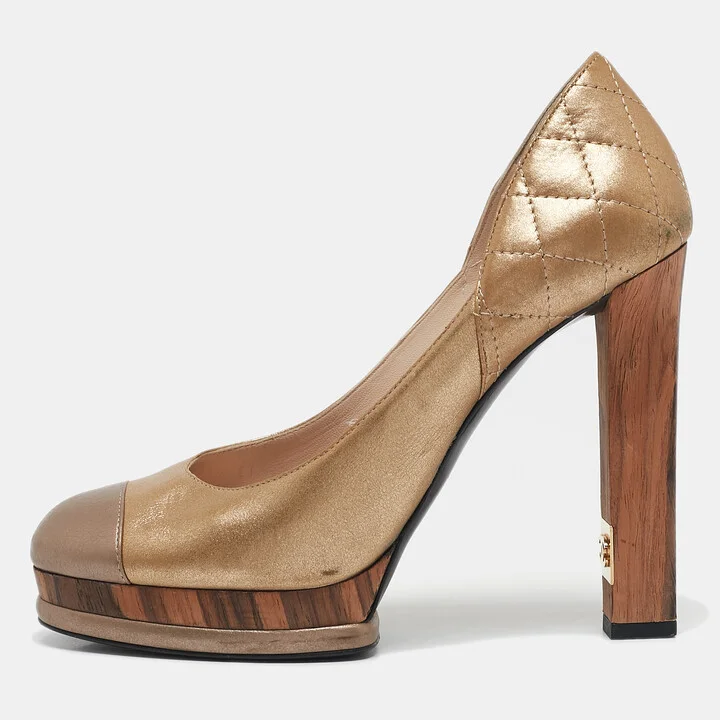 Chanel Metallic Gold/Bronze Quilted Leather CC Platform Pumps Size 38