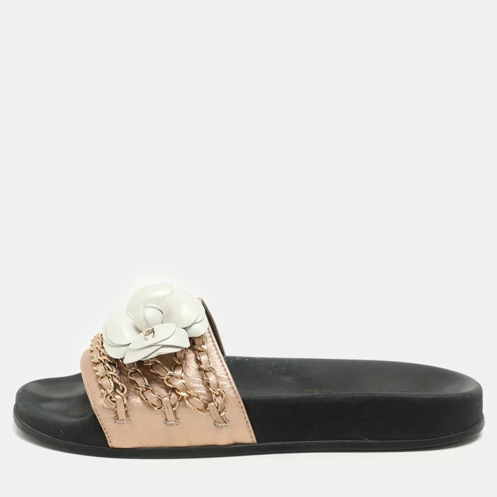 Chanel Metallic Leather CC Camellia Chain Link Detail Slides Size 37