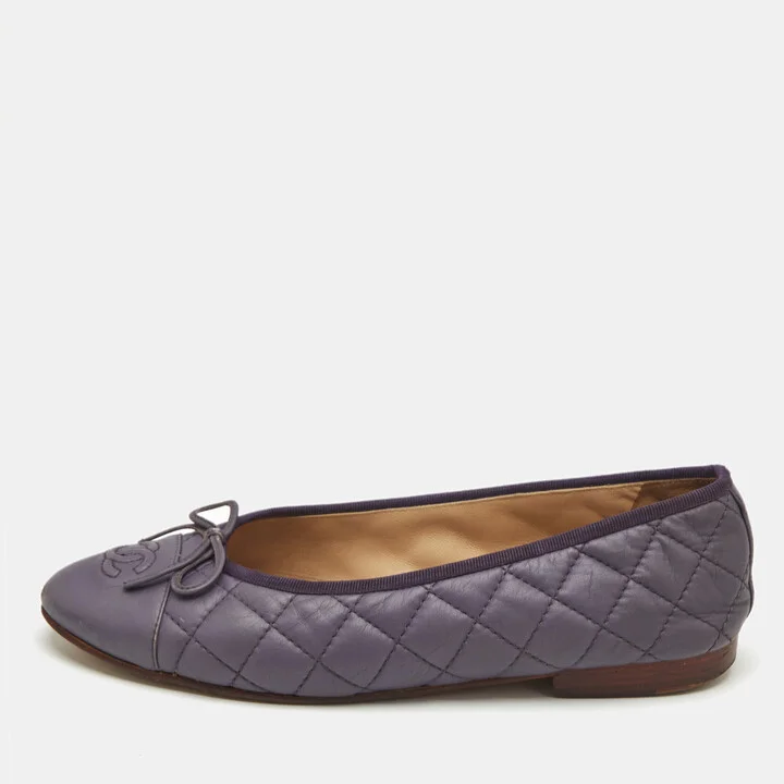 Chanel Metallic Purple Leather CC Cap-Toe Bow Ballet Flats Size 38