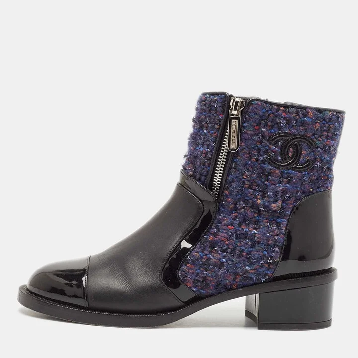 Chanel Multicolor Leather and Tweed CC Combat Boots Size 37