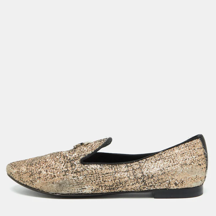 Chanel Multicolor Metallic Fabric CC Smoking Slippers Size 38.5