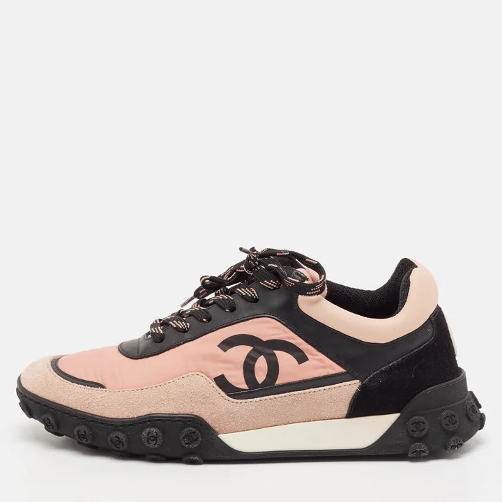 Chanel Multicolor Nylon and Suede Logo Lace Up Sneakers Size 37.5