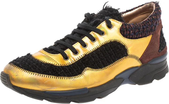 Chanel Multicolor Tweed Suede and Metallic Leather Lace Up Sneakers Size 38