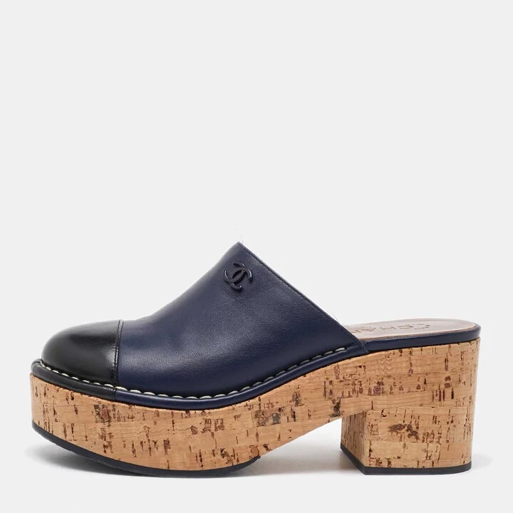 Chanel Navy Blue/Black Leather Cap Toe Cork Platform Mules Size 37