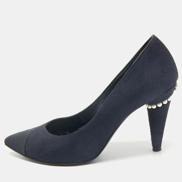 Chanel Navy Blue Canvas Embellished Pointed Toe Pumps Size 38