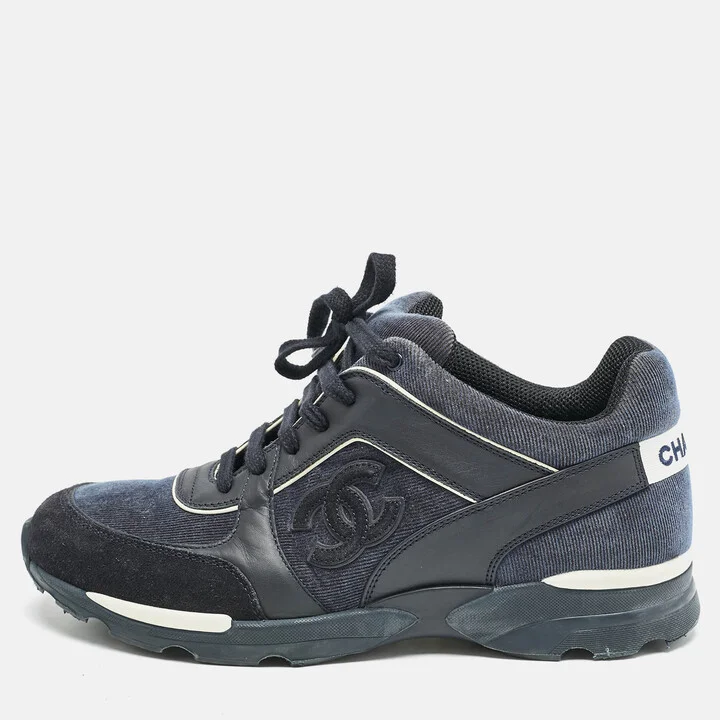 Chanel Navy Blue Leather and Fabric CC Low Top Sneakers Size 40
