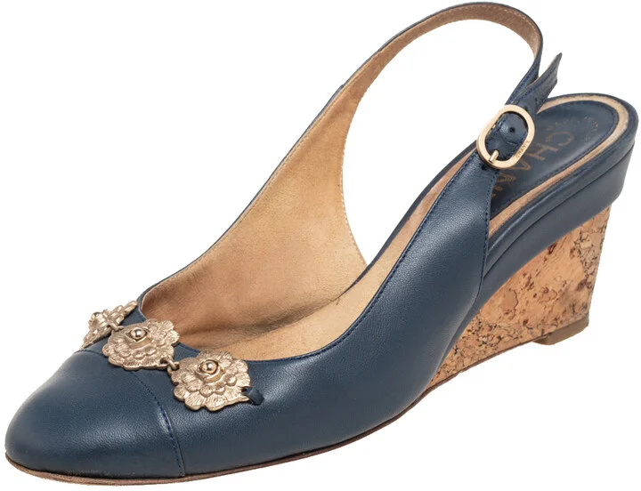 Chanel Navy Blue Leather CC Cap Toe Wedge Slingback Sandals Size 37