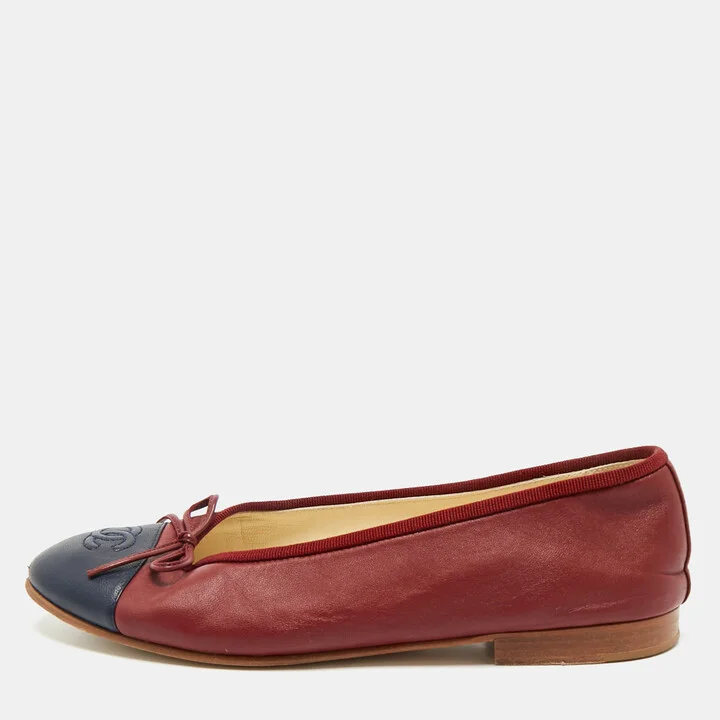 Chanel Navy Blue/Red Leather CC Cap Toe Bow Ballet Flats Size 38