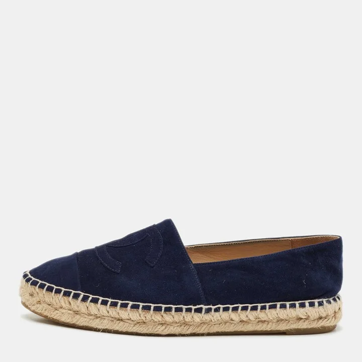 Chanel Navy Blue Suede CC Cap Toe Espadrille Flats Size 39