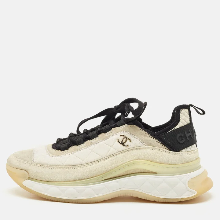 Chanel Off White Fabric and Suede CC Low Top Sneakers Size 39