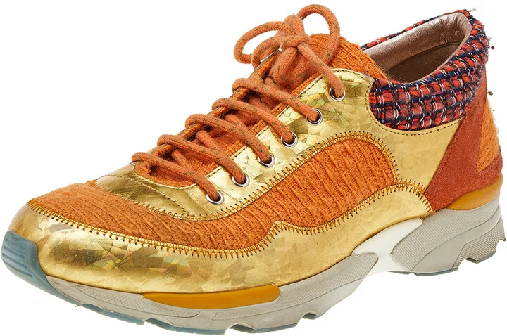 Chanel Orange/Gold Tweed And Suede CC Low Top Sneakers Size 38
