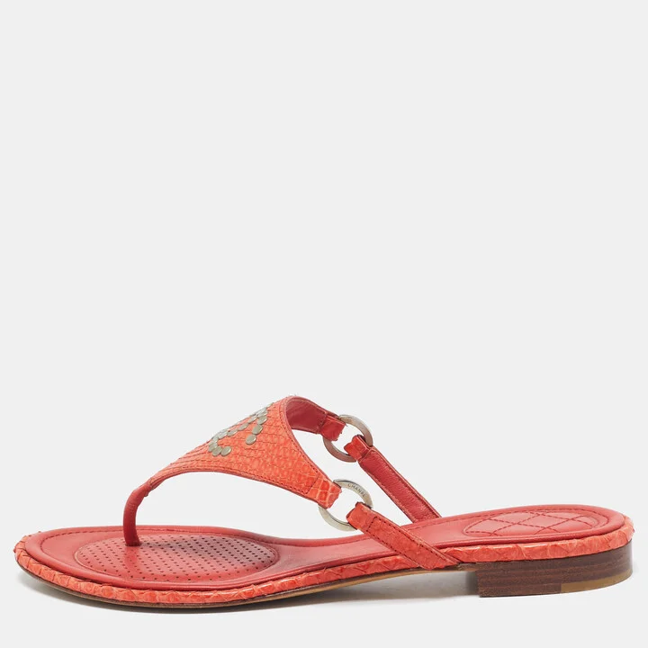 Chanel Orange Python Leather CC Thong Flat Slides Size 38