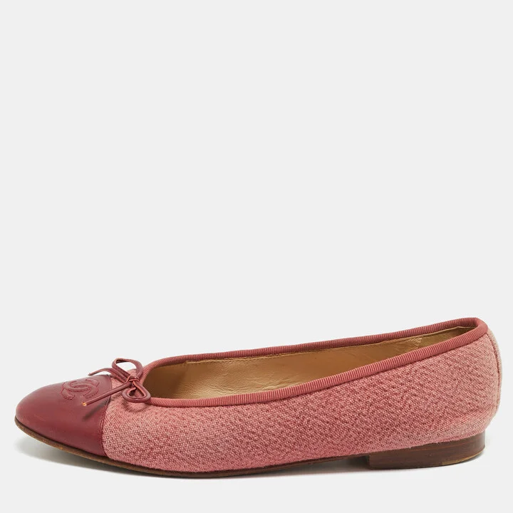 Chanel Pink/Burgundy Tweed and Leather CC Cap Toe Bow Ballet Flats Size 39