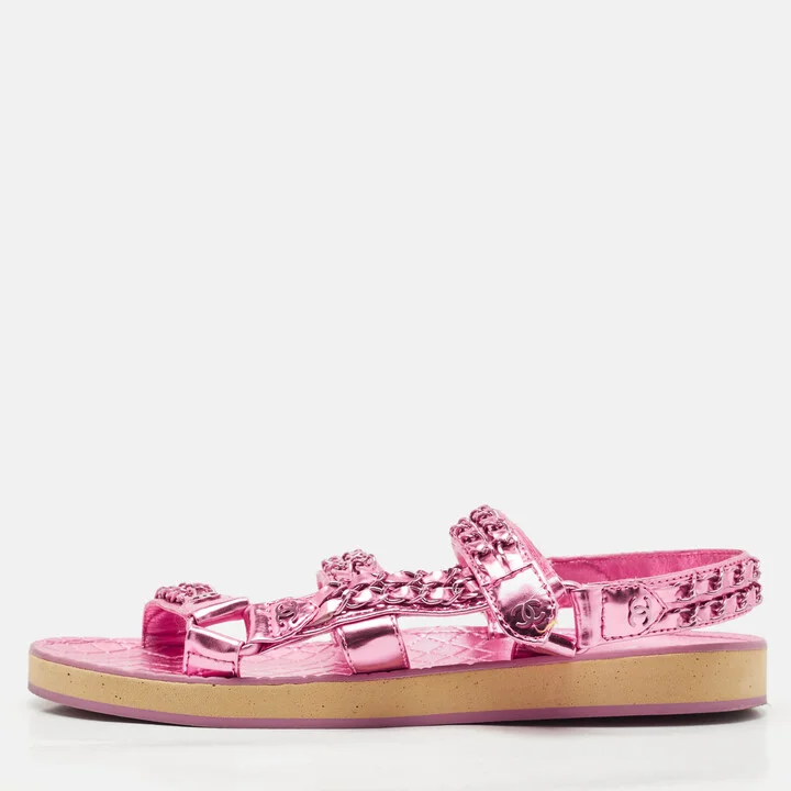 Chanel Pink Leather Dad Flat Sandals Size 40