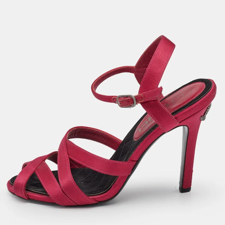 Chanel Pink Satin CC Ankle Strap Sandals Size 35